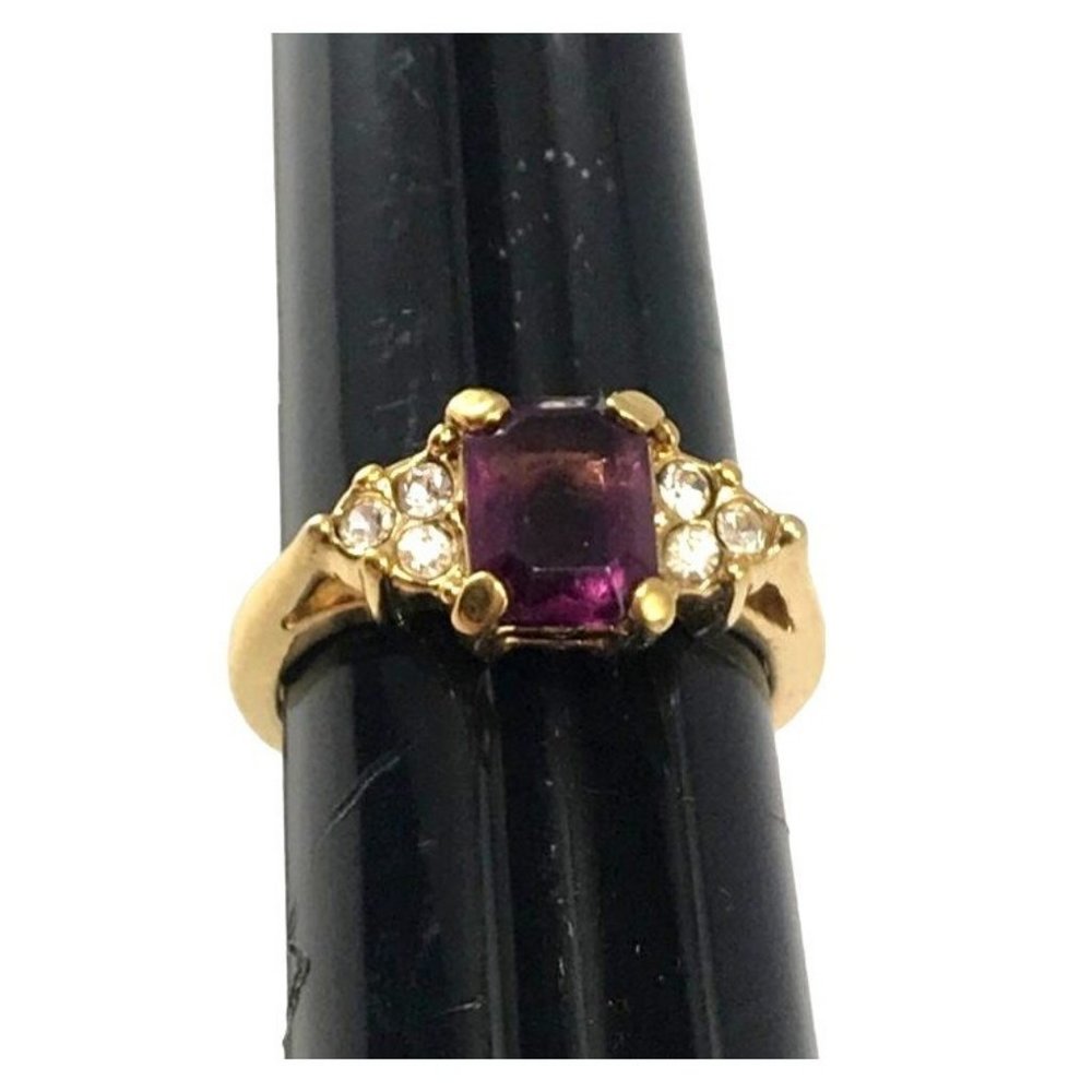 Gold Tone Cocktail Engagement Ring Purple Emerald Cut CZ 6 Side Stones Sz 6.25